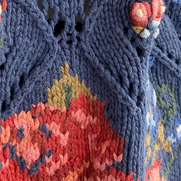 Vintage Laura Ashley Sz L Blue Sweater Cotton Cable Knit & Embroidery Oversized - Picture 8 of 15